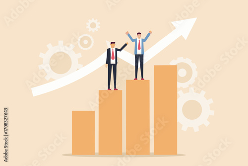 Two businessmen celebrate success standing on a rising bar graph with gears and arrow symbolizing growth