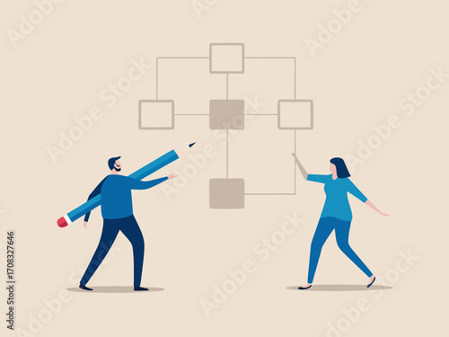 Two people collaborating to build and design a flowchart or organizational structure with a large pencil