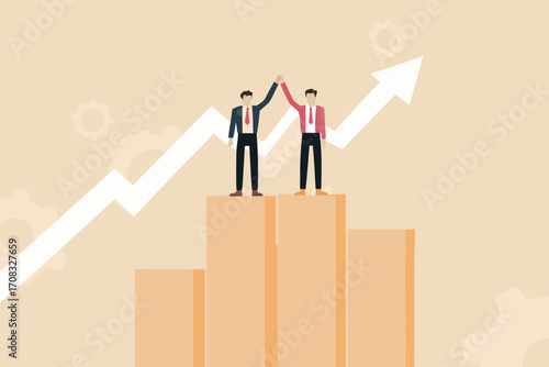 Two businessmen celebrating success on top of a bar chart with an upward trend arrow and gears
