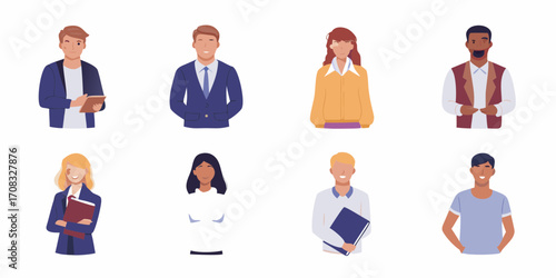 Diverse group of smiling business professionals and students in flat illustration style