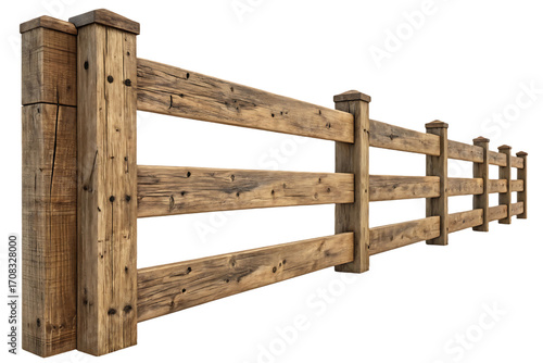 Rustic wooden post and rail fence with three horizontal rails extending into distance perspective, isolated on a transparent background