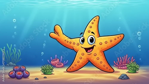 Cartoon starfish waving happily in a vibrant underwater scene filled with colorful corals and bubbles