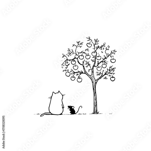 Cat mouse apple tree drawing illustration sketch animal art cute kitten rodent fruit nature garden orchard scene