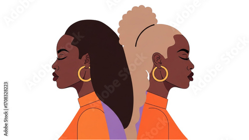 Colorful Vector Illustration of Two Black Women in Profile Back-to-Back with Shared Hairstyles AI EPS PNG