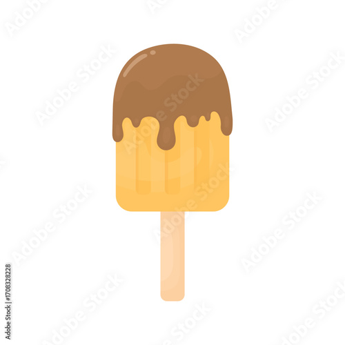 Yellow ice cream dipped in chocolate on white background. Summer desserts. Refreshing food.