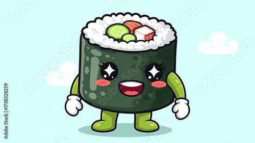 Cartoon sushi character waving cheerfully against a light blue sky with fluffy clouds in the background