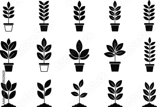 Black plant silhouette icons collection, potted plant vector set, gardening illustration elements, botanical symbols for eco design and nature projects