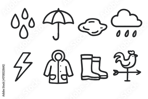 Minimalist weather icons set: rain, cloud, umbrella, and storm elements
