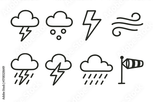 Weather icons: minimalist linear storm and wind cloud symbols on green