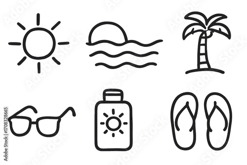 Chalk style beach icons: sun, palm tree, sunglasses, waves, flip flops, sunscreen