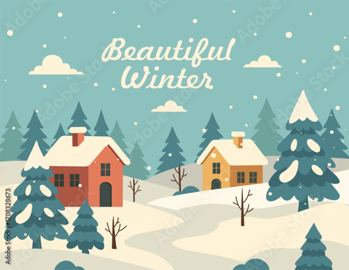 Vector cute colorful city houses on snowy landscape background with falling snow, space for text. Suitable for winter new year, christmas cards, seasonal promotions, banners and greetings