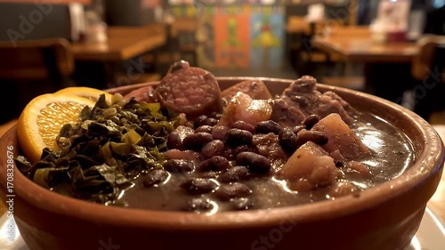 Delicious Brazilian Feijoada Dish with Orange Slice and Greens in a Rustic Bowl, Close-up