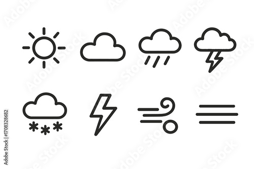 Weather icons on dark background featuring sun, cloud, rain, thunder, snow, wind, and fog