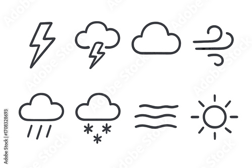 Minimal weather icons set with cloud, sun, rain, and wind symbols