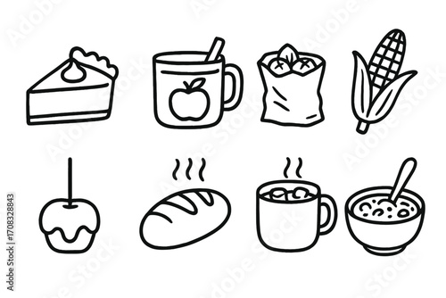 Cozy autumn food icons: pie, hot drinks, corn, and more in hand drawn style