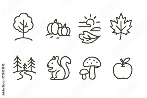 Autumn symbols: linear icons of nature and harvest