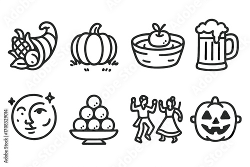 Festive icons of thanksgiving and celebration in bold outline style