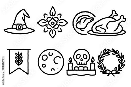 Halloween and thanksgiving icon set in linear style