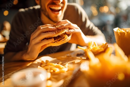 A man eats a burger with fries at a sunny cafe.