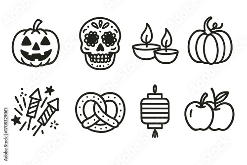 Festive halloween and autumn icons: jack o lanterns, skull, candles, and more