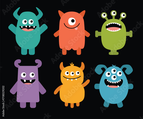 Cute monster icon set. Happy Halloween. Cartoon kawaii colorful scary funny character. Eyes, tongue, hands up. Baby collection. Sticker print. Childish style. Flat design. Black background. Vector