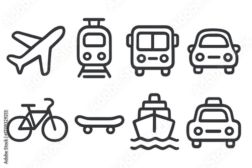 Linear icons of various modes of transportation on dark background