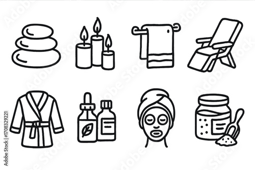 Spa and relaxation icons: minimalist linear set featuring candles, towels, and essential oils