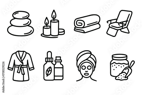 Spa and wellness icons: relaxation and self-care essentials in line art style