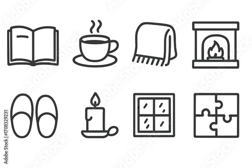 Cozy home icons set featuring book, coffee, blanket, fireplace, slippers, candle, window, puzzle