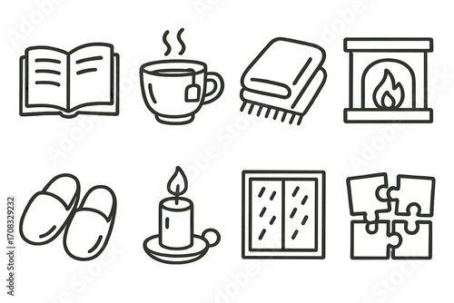 Cozy home icons featuring book, coffee, blanket, fireplace, and more in linear style