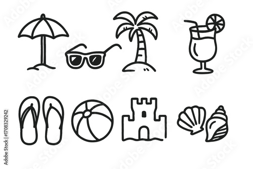 Chalk style summer icons with beach and tropical elements on blackboard background