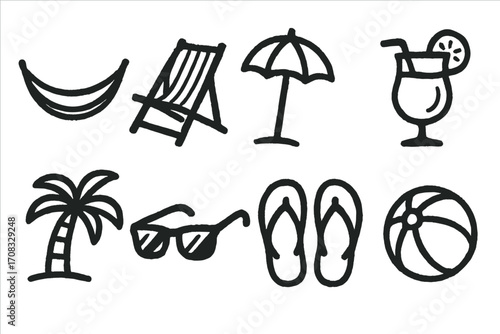 Beach outline icons: hammock, deck chair, umbrella, and more for summer themes