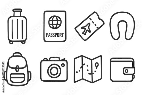 Travel essentials icons with suitcase, passport, ticket, and more in line art style