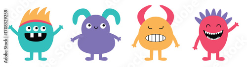 Happy Halloween. Funny monster set line. Cute cartoon character. Colorful silhouette monsters. Kawaii face with teeth, horns eyes hands. Childish baby collection. Flat design. White background. Vector