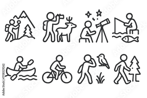 Minimalist nature exploration icons depicting hiking, stargazing, and outdoor activities