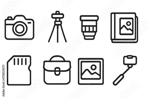 Photography icons set: camera, tripod, lens, album, card, bag, frame, selfie stick
