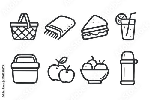 Minimalistic picnic icons set featuring food, drink, and accessories on textured background