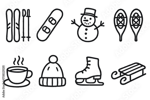 Winter sports and activities: minimalist black linear icons featuring skiing, snowboarding, and more