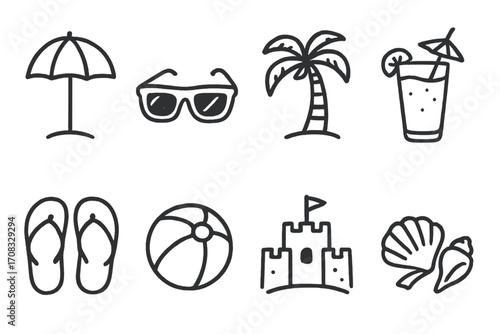 Chalk style summer icons: beach, palm tree, sand castle, and more