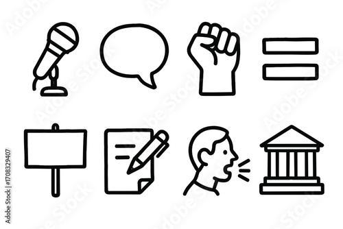 Set of social justice symbols: microphone, speech bubble, fist, equality