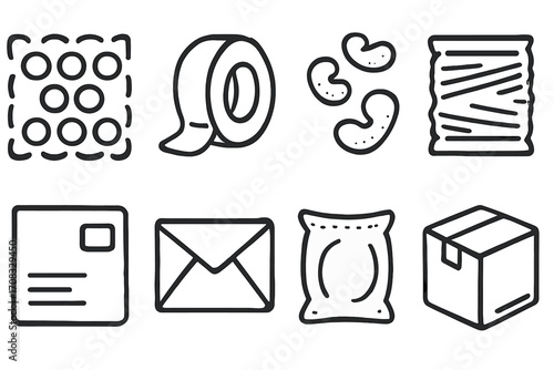 Monochrome icon set featuring various packaging designs in linear style