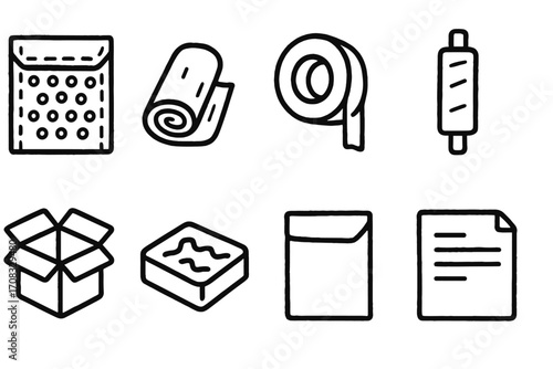 Kitchen and packaging icons set in sketch style: baking and wrapping essentials