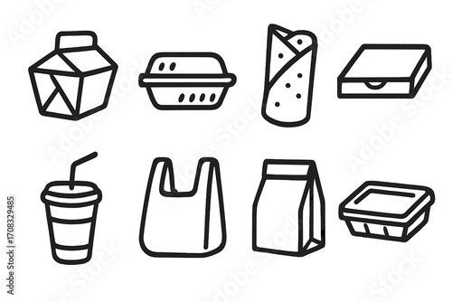 Hand drawn fast food icons: takeout and packaging essentials