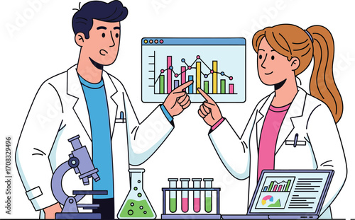 Flat vector illustration of scientists analyzing data, working in laboratory, pointing at chart, using microscope, test tubes, laptop, scientific research