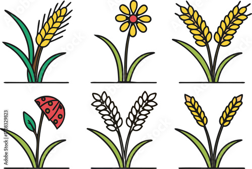 Collection of stylized wheat stalks, a flower, and a ladybug-themed plant vector Illustration