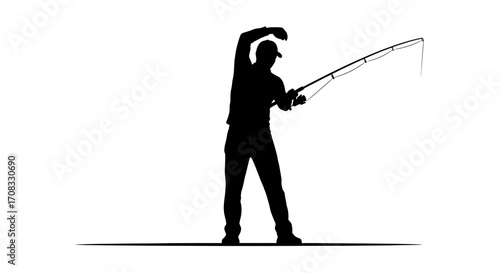 Dynamic silhouette of a fisherman casting a line, capturing the thrill of the catch and outdoor adventure