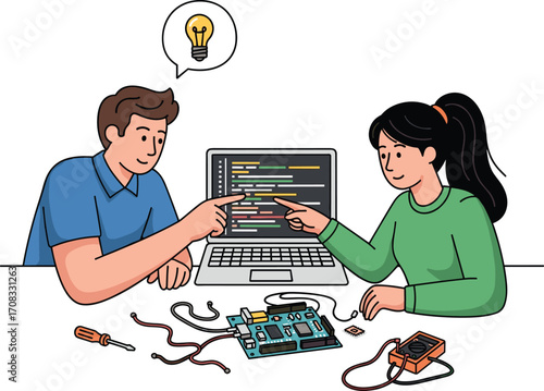 Flat vector illustration of students discussing Arduino coding, pointing at laptop screen, collaborating on electronics project, learning programming, technology teamwork
