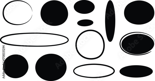 Collection of various black and white abstract shapes on transparent background
