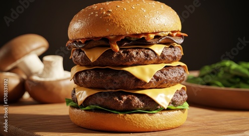 Triple Layer Cheeseburger with Melted Cheese and Fresh Vegetables