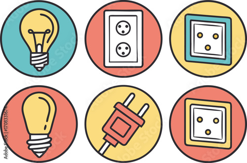 Set of Icons: Light Bulbs, Electrical Plugs, and Sockets in Circles vector Illustration